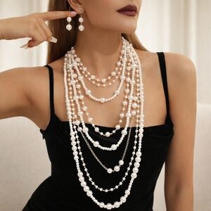Elegant Multi-Strand Simulated Pearl Adjustable Statement Necklace and Earrings
